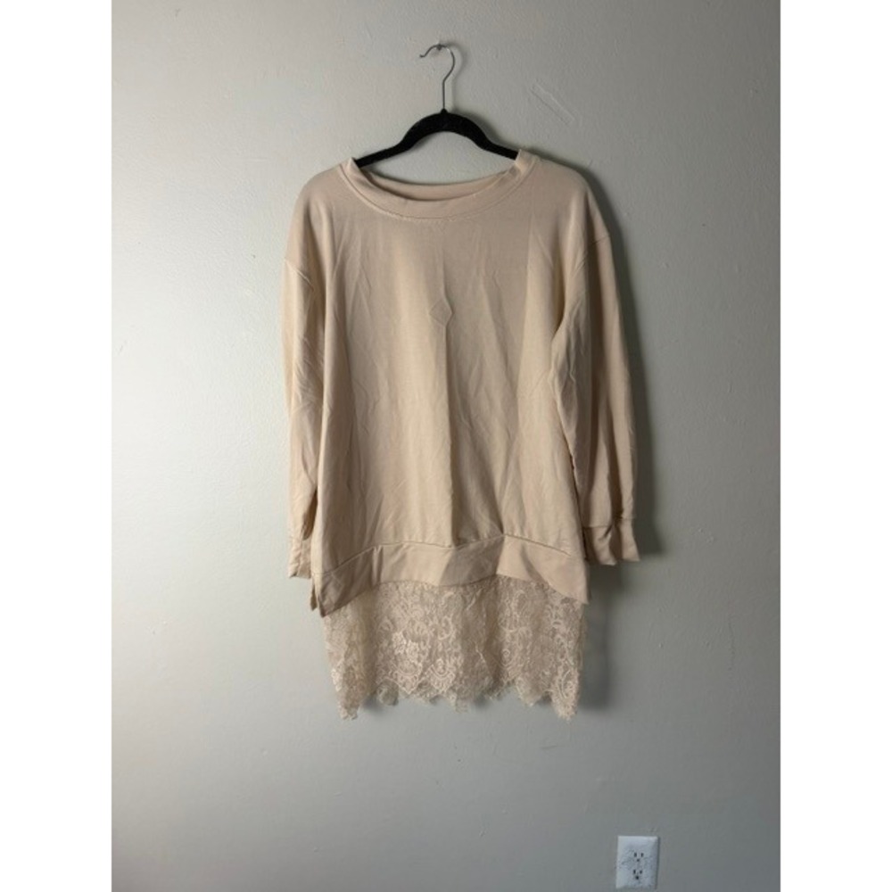 Womens Beige Long Sleeve Pullover Sweatshirt with Floral Lace Trim Hem Tunic